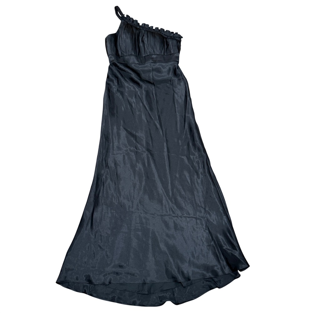 Bari Jay Black One Shoulder Beaded Ruffle Empire Waist Satin Formal Gown Dress10
